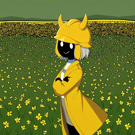 Tryhard Yunu, 1girl, solo, black skin, small round white eyes, elongated yellow helmet with horns, open yellow coat, white shirt
Half body, Tryhard Yunu smiling while standing sideways and crossing her arms as she looks at the viewer, the wind moving her hair. In the background, a field of flowers with a village