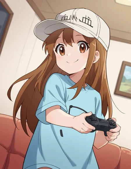 score_9, score_8_up, score_7_up, source_anime, <lora:platelet-s1-ponyxl-lora-nochekaiser:1>, platelet, long hair, brown hair, brown eyes,, shirt, hat, short sleeves, boots, white headwear, blue shirt, flat cap,, living room, video game, controller, competitive, fun, afternoon, smile, looking at viewer, arm bent at elbow, solo,, cowboy shot, dutch angle
