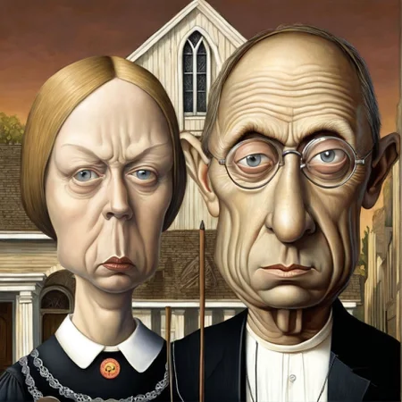 American Gothic Caricaturized <lora:SDXL-Caricaturized-Lora:1>, Very detailed, clean, high quality, sharp image, Naoto Hattori, Dave Dorman