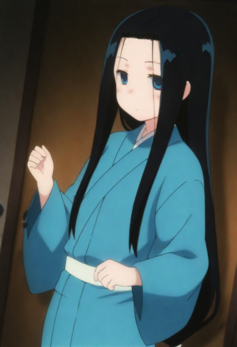 masterpiece, best quality, amazing quality,,, shiny skin,,,,,, anrakutei, blue_eyes, black_hair, very_long_hair, blue_kimono, long_sleeves, wide_sleeves,