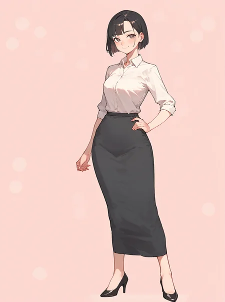 score_8_up, score_7_up, score_6_up, source_anime, 1girl, solo, simple background, pink background,
standing, pose, contrapposto, arched back, facing viewer, (full body:1.5)
smile, wide hips
longpencilskirt <lora:Long_Pencil_Skirt:1> long skirt
white collared shirt, high heels
