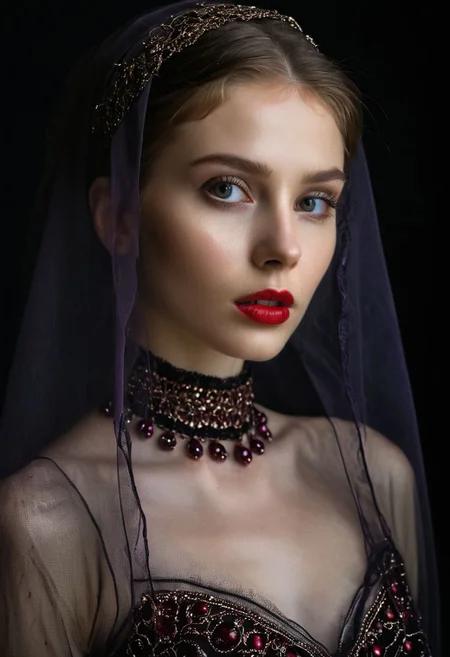 A professional (fashion photo photography:1.2),a (studio portrait:1.2),showing (surrealistic style:1.1),(black purple gradient background:1.2),(exaggerated character movements:1.5),against glass,(masterpiece, best quality:1.4), perfect body, long hair, brown hair, brown eyes, parted lips, , detailed skin,model photoshoot, long bob-cut hair, shiny oiled skin, pale skin, pale white skin, shiny oiled skin, pale skin, realistic eye and face details), hyperrealism, very slim, 4k HDRvaporwave style Ultra High Resolution, wallpaper, 8K,Rich texture details, hyper detailed, detailed eyes, detailed background, dramatic angle,Ultra High Resolution, wallpaper, 8K,Rich texture details, hyper detailed, detailed eyes, detailed background, wearing translucent veils, elegant profile pose, dark photography, dramatic lighting, black background, deep shadows, chiaroscuro, (old russian folk light dress red ornaments:1.1) slim elegant russian girl folk hairstyle halo above head (icon style:1.2) choker, make-up photography by (Ethel Warwick:1.3), modelshoot, pose, , (Ethel Warwick: 1,2) award winning photo macro shot dramatic lighting,philosophical dimensions,NIKON Z9,35mm,f/1.2,RAW format,stark composition.,(muted tones:1.2),award winning photo,(dream-like quality:1.2),