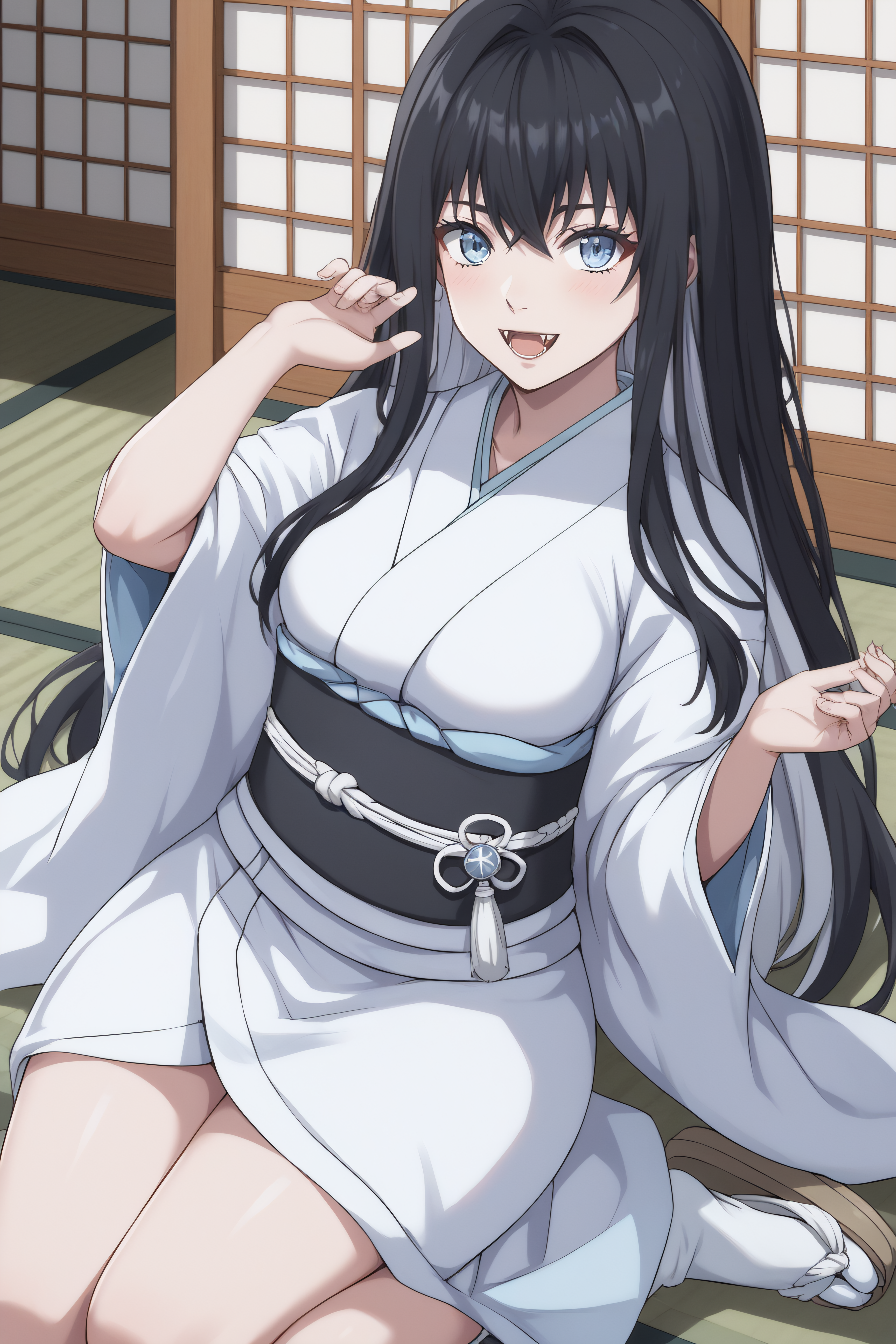 score_9, score_8_up, score_7_up, BREAK, source_anime, <lora:Yuki Onna-PonyXL-lora-Faxtron:0.8> yuki onna, light blue eyes, black hair, multicolored hair, long hair, medium breasts, fangs, japanese clothes, white kimono, sash, obi, socks, sandals,