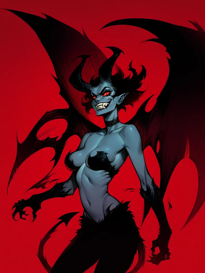 score_9, score_8_up, score_7_up, score_6_up, score_5_up, <lora:d3v1lm4nXLP:1> d3v1lm4n, devil, demon, demon tail, demon wings, red background, solo