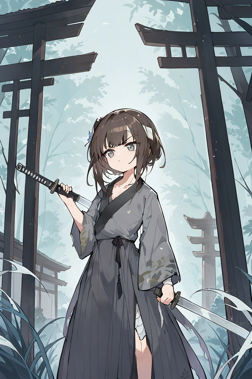 (score_9,score_8_up,score_7_up),<lora:mansui-v1:1>,mansui,1girl,solo,holding,weapon,brown hair,long hair,sword,holding weapon,long sleeves,bangs,wide sleeves,grey eyes,holding sword,closed mouth,knife,grey dress,bandages,holding knife,looking away,grey kimono,profile,dress,collarbone,glint,japanese clothes,katana,v-shaped eyebrows,kimono,standing,
good feet,anime,NSFW,expressive,amazing quality,ultra hd 32k,