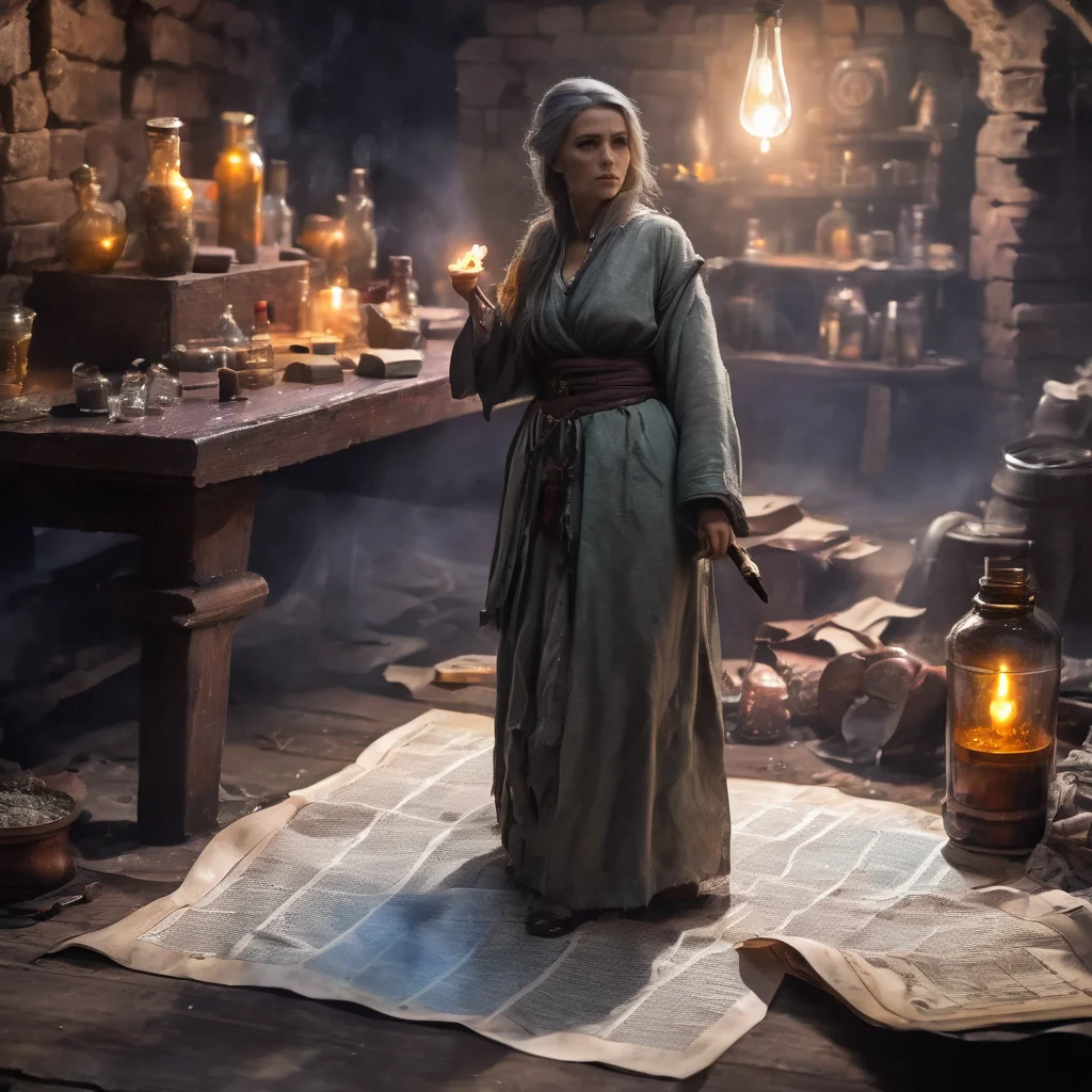 ((dirty)), highly detailed person, (shrunken:1.2,miniature:1.2), tiny 30 year old woman, very loose oversized baggy clothes, fantasy adventures party, broken cloth, dungeon, close-up, standing on wooden chair, woman next to magical paper scroll, woman next to potions bottle, UHD 8k wallpaper, <lora:shrunk_v1_xl:0.85>