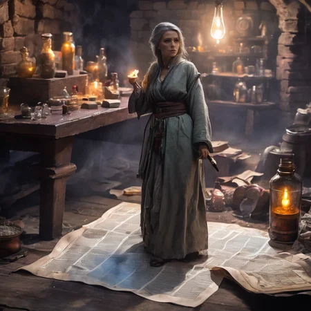 ((dirty)), highly detailed person, (shrunken:1.2,miniature:1.2), tiny 30 year old woman, very loose oversized baggy clothes, fantasy adventures party, broken cloth, dungeon, close-up, standing on wooden chair, woman next to magical paper scroll, woman next to potions bottle, UHD 8k wallpaper, <lora:shrunk_v1_xl:0.85>