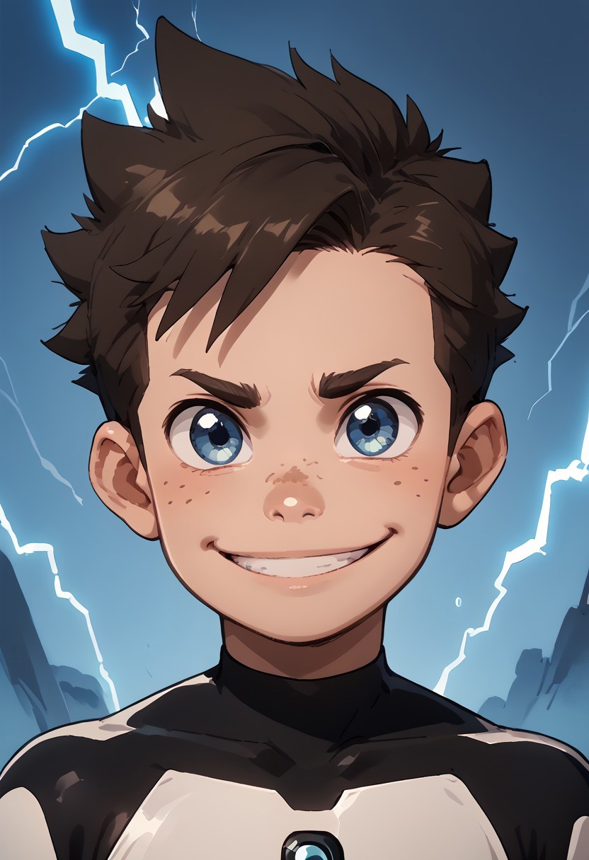 score_9, score_8_up, score_7_up, 1boy, solo, cute boy, Koji, Blue Eyes, Brown Hair, Freckles, Bodysuit, Smile, lightning, portrait,