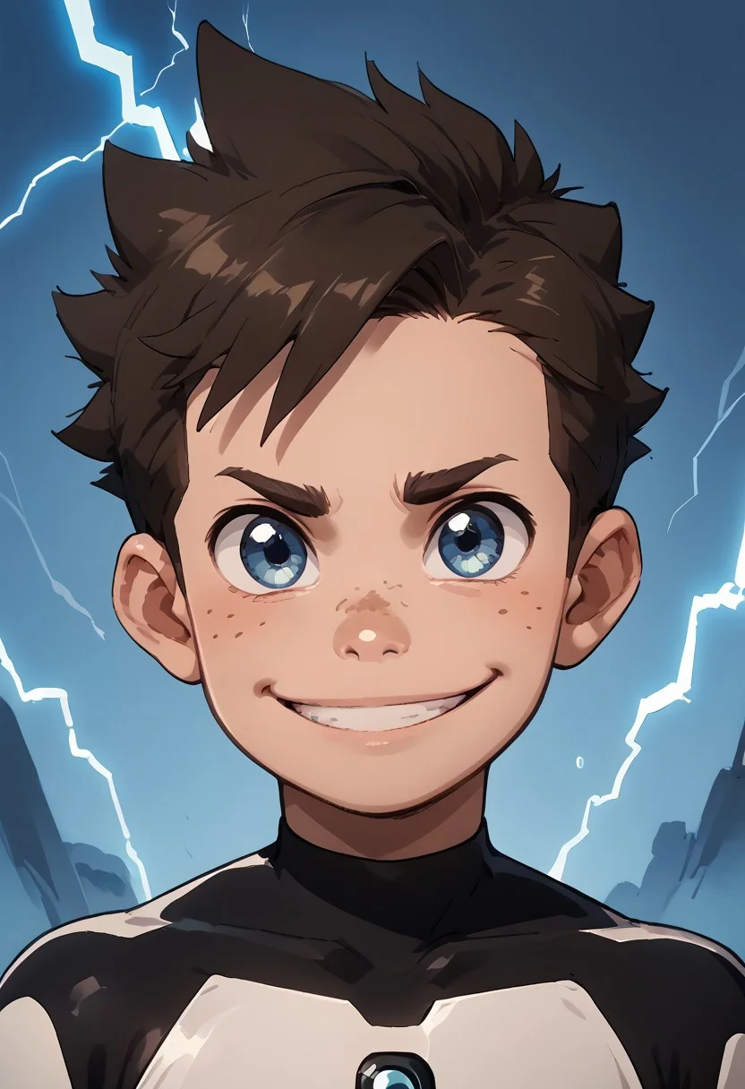 score_9, score_8_up, score_7_up, 1boy, solo, cute boy, Koji, Blue Eyes, Brown Hair, Freckles, Bodysuit, Smile, lightning, portrait,
