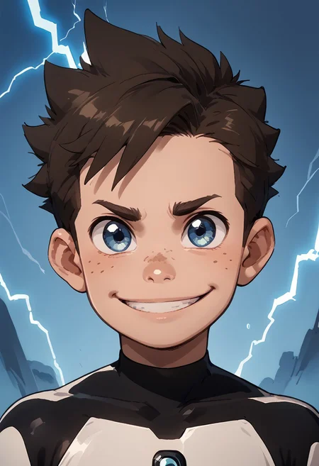 score_9, score_8_up, score_7_up, 1boy, solo, cute boy, Koji, Blue Eyes, Brown Hair, Freckles, Bodysuit, Smile, lightning, portrait,