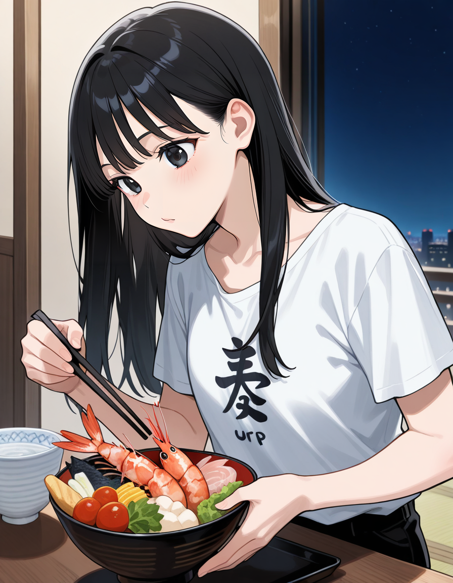 score_9, score_8_up, score_7_up, anime, solo, 1girl, one girl,
Black hair, (chest length hair:1.2), Straight Hair, bangs, one tucked behind ear, black eyes, feature large highlight, feature double highlights, shaped eyeblow,
sensitive,
<lora:donburimono:0.8>, donburimono,
food, chopsticks, bowl, fish, shrimp, kaisendon, seafood,
(masterpiece:1.3), best quality, high resolution, unity 8k wallpaper, (illustration:1.2), 8K,