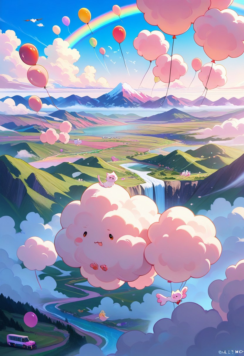 ((cat)),embedding:lazympos, cottoncandy, landscape made of cotton candy, valley, river, waterfall, mountains, clouds, flying van with rainbow-colored paint and oversized wheels, soaring through the clouds with balloons trailing behind, surrounded by fluffy clouds and playful birds, depicted in a cheerful, cartoonish style with soft pastel hues