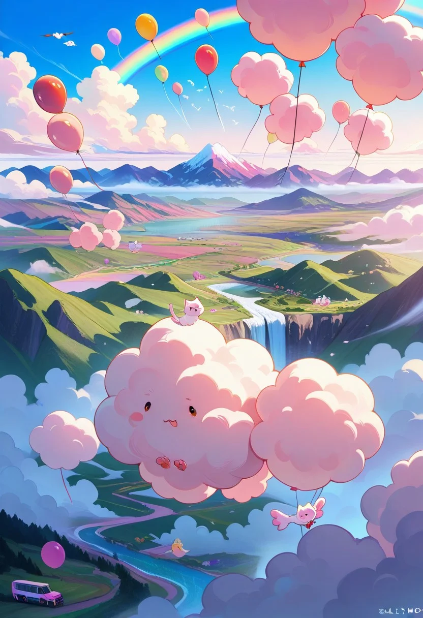 ((cat)),embedding:lazympos, cottoncandy, landscape made of cotton candy, valley, river, waterfall, mountains, clouds, flying van with rainbow-colored paint and oversized wheels, soaring through the clouds with balloons trailing behind, surrounded by fluffy clouds and playful birds, depicted in a cheerful, cartoonish style with soft pastel hues