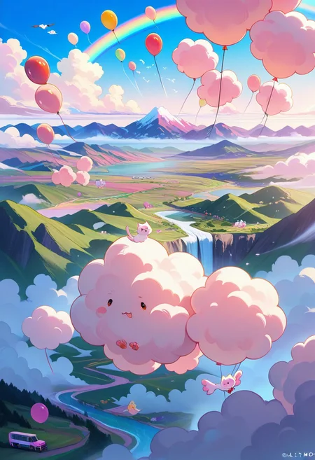 ((cat)),embedding:lazympos, cottoncandy, landscape made of cotton candy, valley, river, waterfall, mountains, clouds, flying van with rainbow-colored paint and oversized wheels, soaring through the clouds with balloons trailing behind, surrounded by fluffy clouds and playful birds, depicted in a cheerful, cartoonish style with soft pastel hues