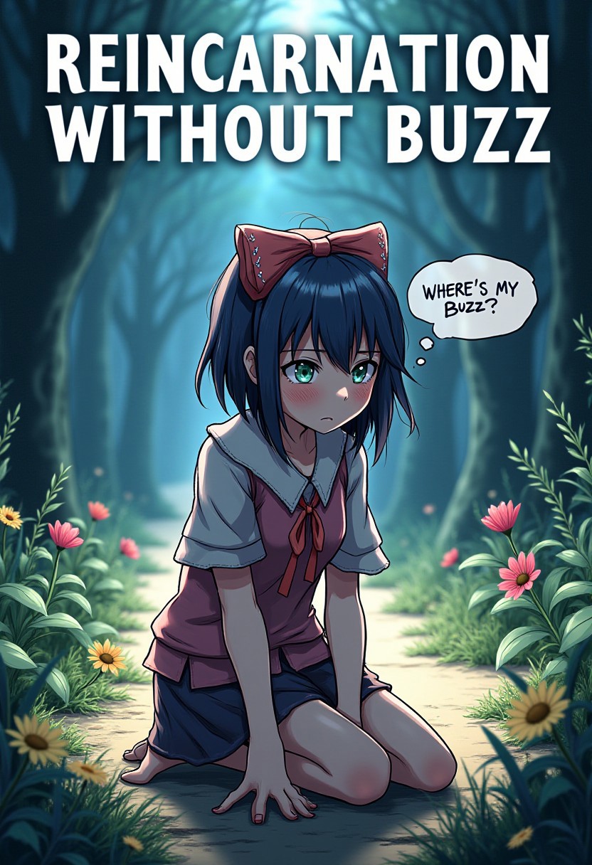 anime poster with big title "Reincarnation without buzz", fantasy world, sad confused girl on her knees, wearing rags, thought bubble that says "Where's my buzz?", aidmatextimprover,