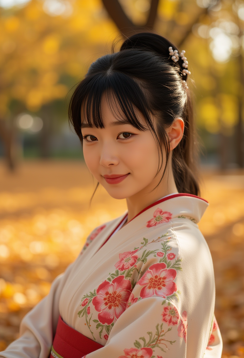 realistic,finely detailed,quality,rembrandt lighting,raw photo, analog style,photorealistic,best quality,detailed skin,intricate details,dramatic,ray tracing,1girl,korean girl,21 years old,detailed skin texture,(blush:0.5),(goosebumps:0.5),subsurface scattering,smiling,medium breasts,updo hair,bangs,hair between eyes,hair ornaments,kimono,floral print,obi,wearing seiza (bright sunny day, autumn setting, autumn trees and leaves