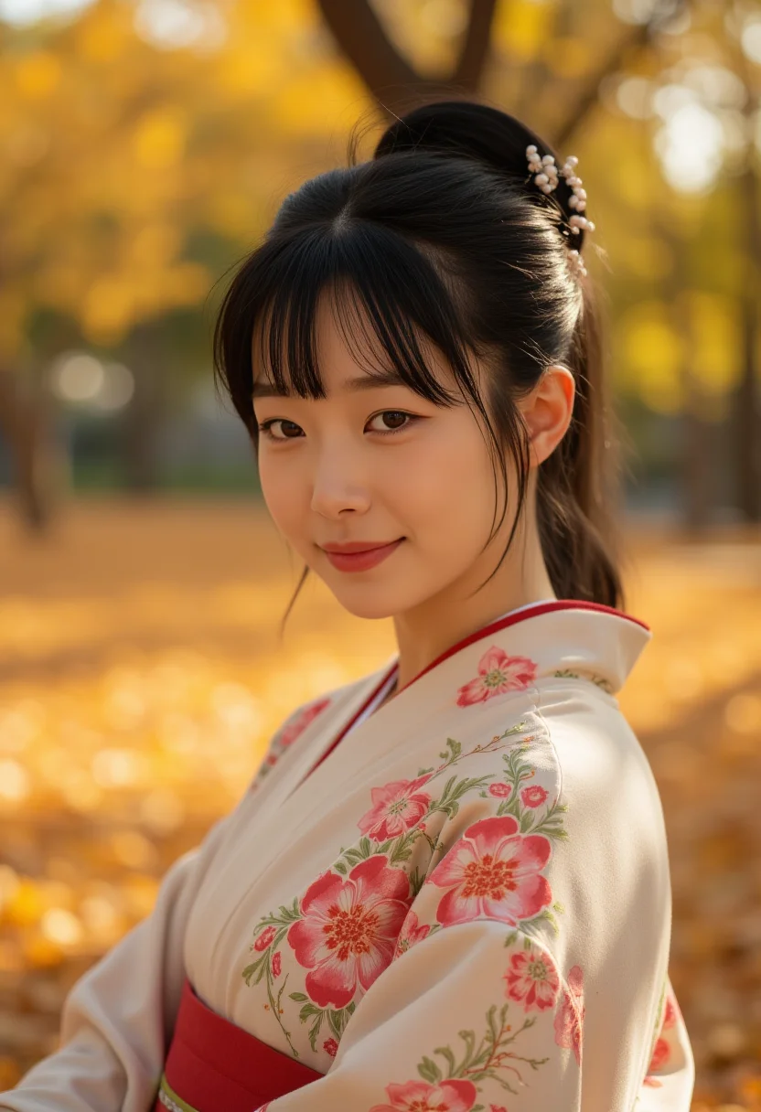 realistic,finely detailed,quality,rembrandt lighting,raw photo, analog style,photorealistic,best quality,detailed skin,intricate details,dramatic,ray tracing,1girl,korean girl,21 years old,detailed skin texture,(blush:0.5),(goosebumps:0.5),subsurface scattering,smiling,medium breasts,updo hair,bangs,hair between eyes,hair ornaments,kimono,floral print,obi,wearing seiza (bright sunny day, autumn setting, autumn trees and leaves