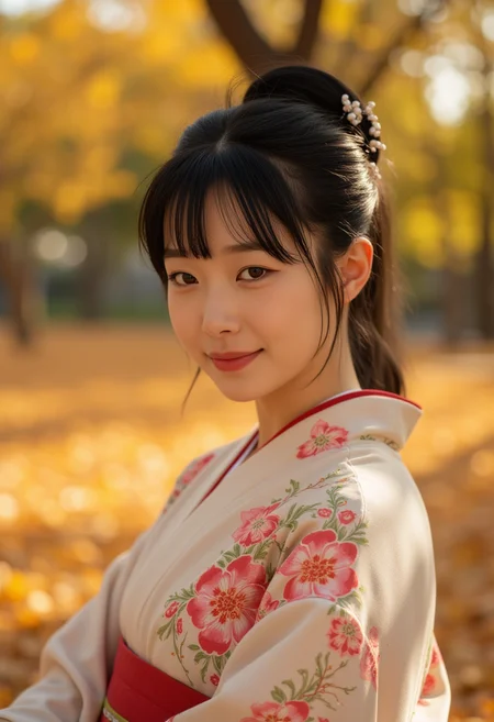 realistic,finely detailed,quality,rembrandt lighting,raw photo, analog style,photorealistic,best quality,detailed skin,intricate details,dramatic,ray tracing,1girl,korean girl,21 years old,detailed skin texture,(blush:0.5),(goosebumps:0.5),subsurface scattering,smiling,medium breasts,updo hair,bangs,hair between eyes,hair ornaments,kimono,floral print,obi,wearing seiza (bright sunny day, autumn setting, autumn trees and leaves