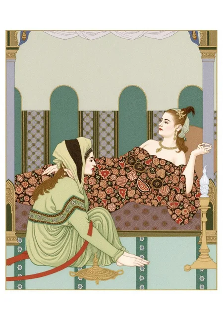 olgadugina1 illustration.
Two women dressed in elaborate, historical Arab-style flowing garments with floral and geometric designs are inside a Middle Eastern palace setting. On the right is a woman lying on a luxurious bed adorned with intricate patterns. On the left is a woman, shown in side profile, sitting on the floor with her hands on her knees. A lamp is on the floor between them. White borders frame the scene. <lora:olgadugina2_cap_d6a3e9:1.0><lora:858099687511565727:0>