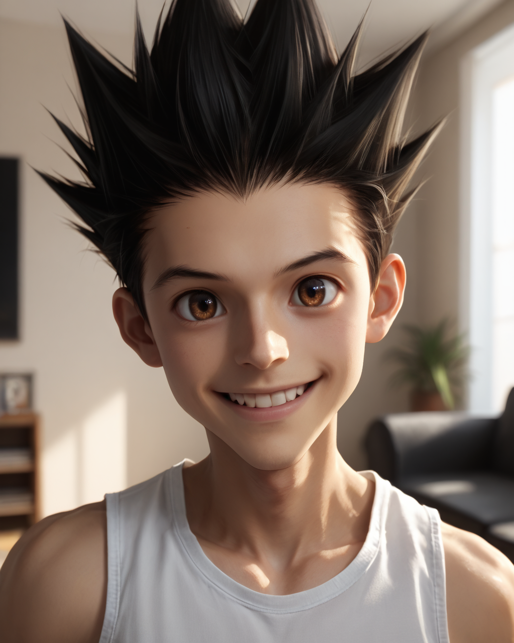 score_9, score_8_up, score_7_up, intricate details, rating_questionable,
<lora:homri52:1>
,
<lora:Gon_Freecss_Pony:0.8>, 1boy(gon, spiked hair, black hair, brown eyes, looking at the viewer, solo, happy, 
portrait, face focus, tank top), cozy living room,
4k,
detailed background, depth of field, 
<lora:ral-chrosc-clr:0.5>, ral-chrosc-clr,
<lora:Expressive_H:0.5>, Expressiveh,
<lora:xl_more_art-full_v1:0.3>,
<lora:add-detail-xl:0.3>,