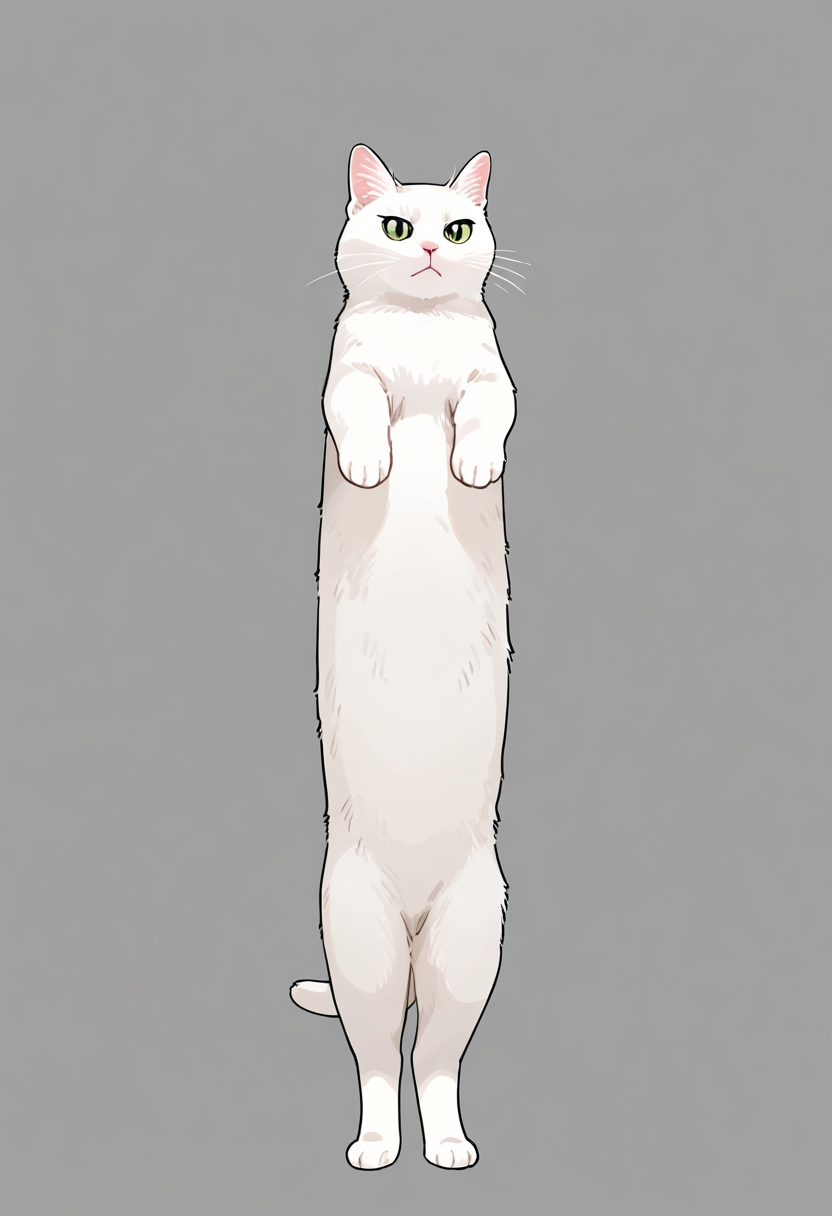 longcat (meme), animal focus, cat, simple background, no humans, animal, white fur, solo, grey background, standing, meme, full body, white cat, 
masterpiece, best quality, amazing quality, very aesthetic, absurdres, 
 <lora:concept_longcat_Illustrious_V2L:0.4>