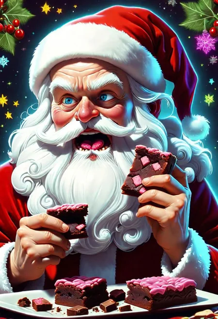 cute cartoon psychedlic santa claus eating some brownies detailed, sharp focus, DonMN30nChr1stGh0stsXL