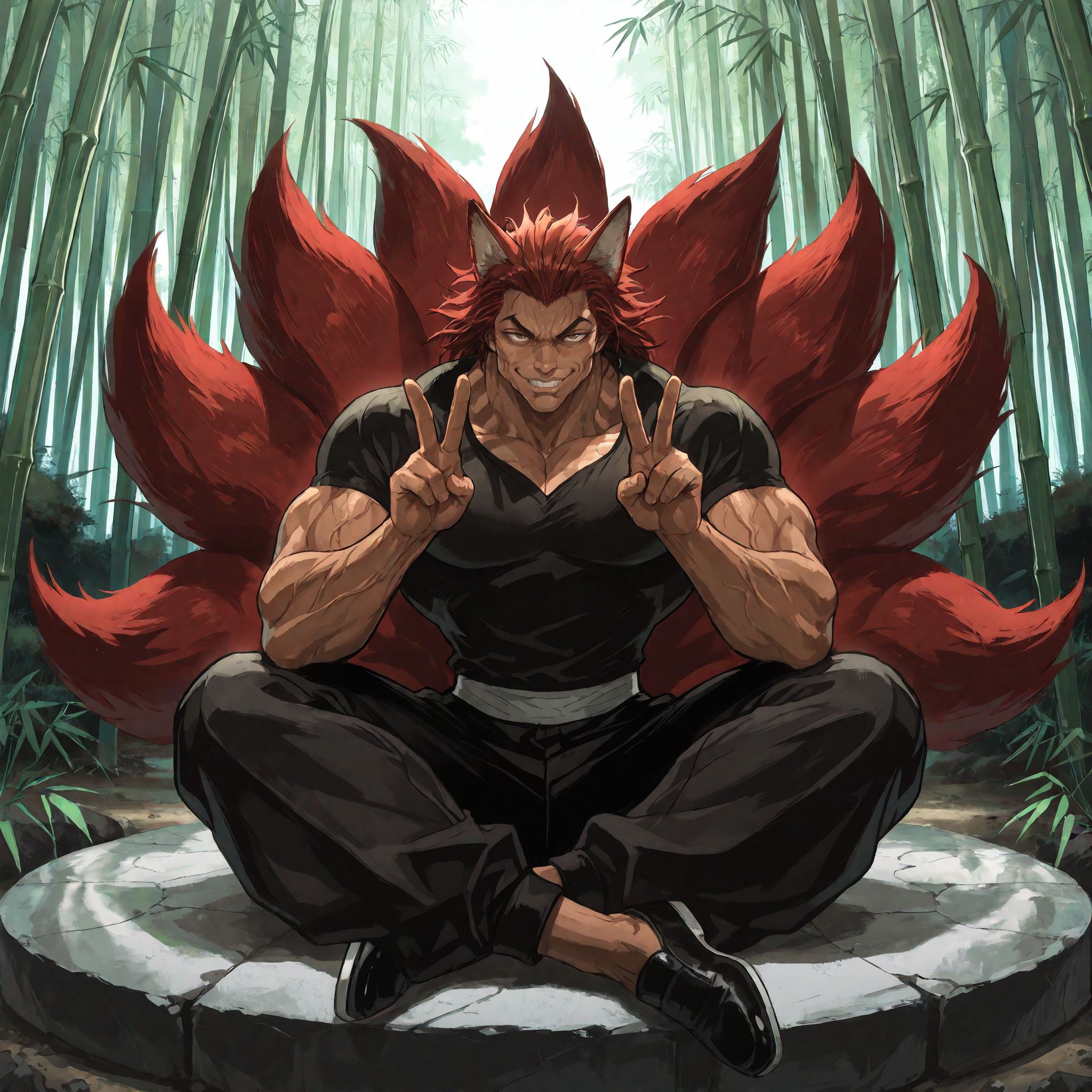masterpiece, best quality,newest, amazing_quality,<lora:spo_sdxl_10ep_4k-data_lora_webui:1> <lora:NOOB_vp1_detailer_by_volnovik_v1:1>1boy, solo, Yujiro_Hanma, male focus,  black shirt, muscular male, (dark_skin:1.2),red hair, manly, black pants, black footwear, veins, manly,brown eyes, pupils, ((very muscular, very toned:1.2)),bad proportions,looking at viewer, from front,full body,straight-on,pupils, brown eyes,  <lora:Char-Yujiro_Hanma-IllustriousV3:.8>crossed legs, sitting, bamboo forest, fox ears, kitsune, fox_tails, multiple_tails, double v, sitting_on_rock, looking at viewer, ((9_tails:1.2)),many tails, very serious, hunched over,smug, smirk, evil grin, happy, red tails,
