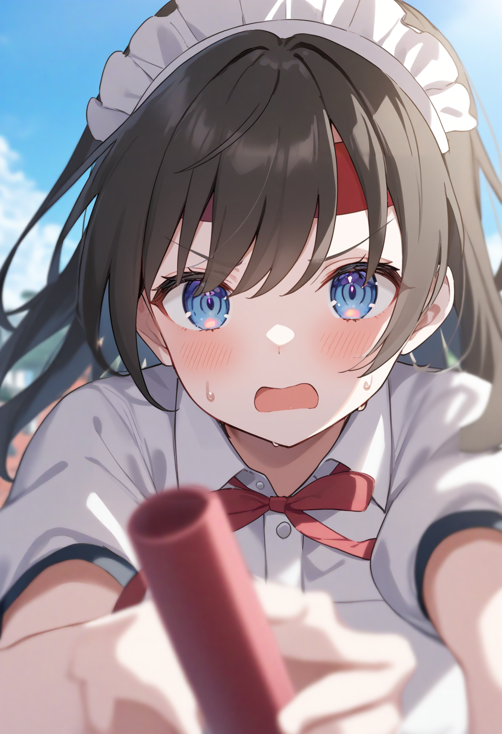 1girl,sincos, ningen mame, toosaka asagi,solo,medium breasts,20yo,maid,maid headdress,
relay baton, holding,day, outdoors, sports festival, red headband,running, sweat, <lora:relaybaton_XL_v1:0.8>
from below, portrait, looking at viewer, brown hair, white eyes,serious,  open mouth, lightly curled inwards hair,,
best quality, very aesthetic, absurdres