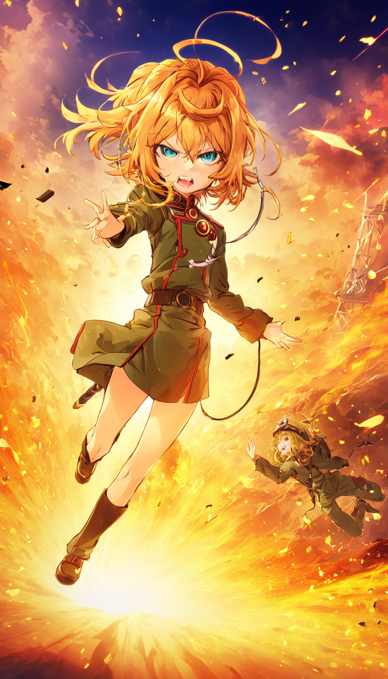 anime artwork Cinematic scene, hero view, Tanya Degurechaff, Youjo Senki <lora:tanya_degurechaff_xl_v5:1>, action pose, masterpiece, best quality, high quality, highres, absurdres  . anime style, key visual, vibrant, studio anime, highly detailed