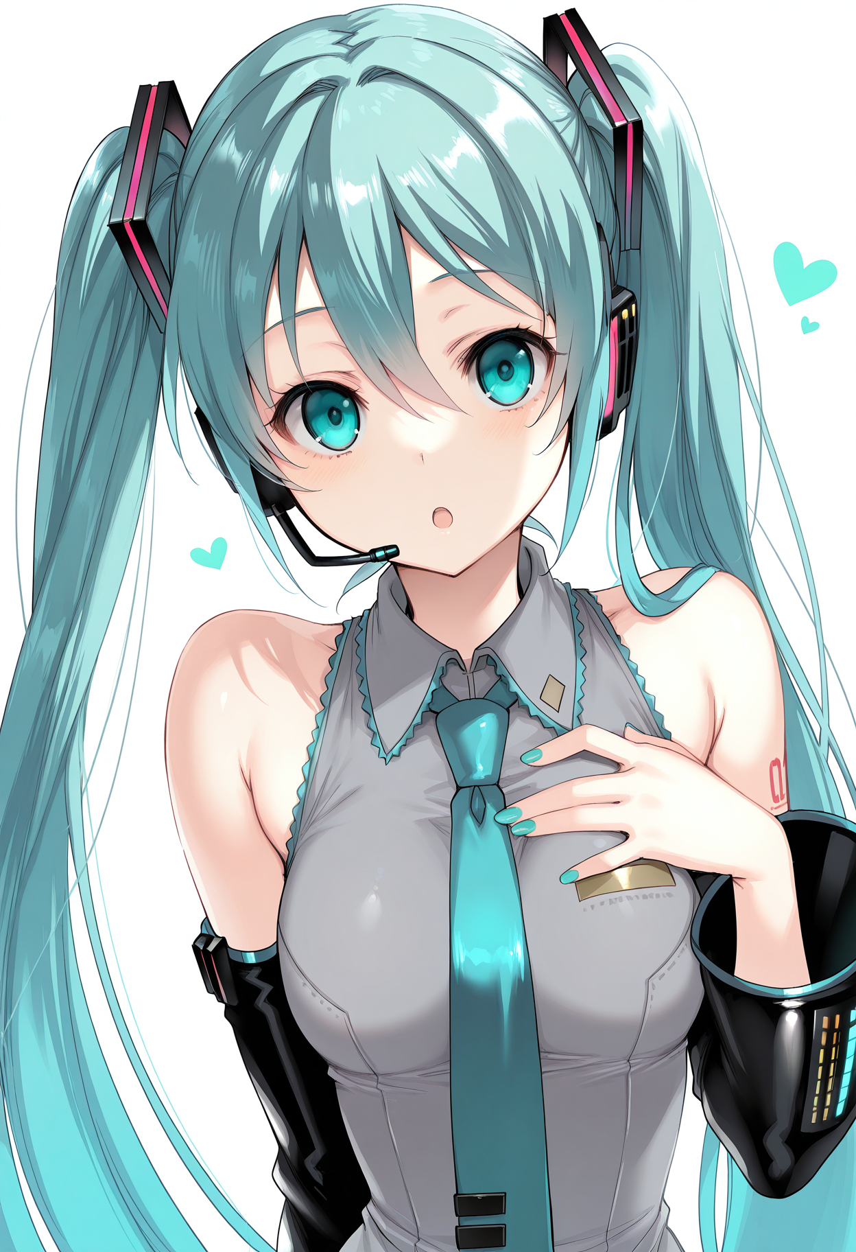 1girl, solo, long hair, detached sleeves, necktie, twintails, headset, open mouth, looking at viewer, very long hair, shirt, grey shirt, hair between eyes, aqua hair, heart, white background, aqua necktie, aqua eyes, upper body, sleeveless, bare shoulders, hand on own chest, nail polish, hair ornament, bangs, simple background, sleeveless shirt, aqua nails, collared shirt,
masterpiece,best quality,amazing quality, <lora:UDKIL-style:1>, udkstyle,