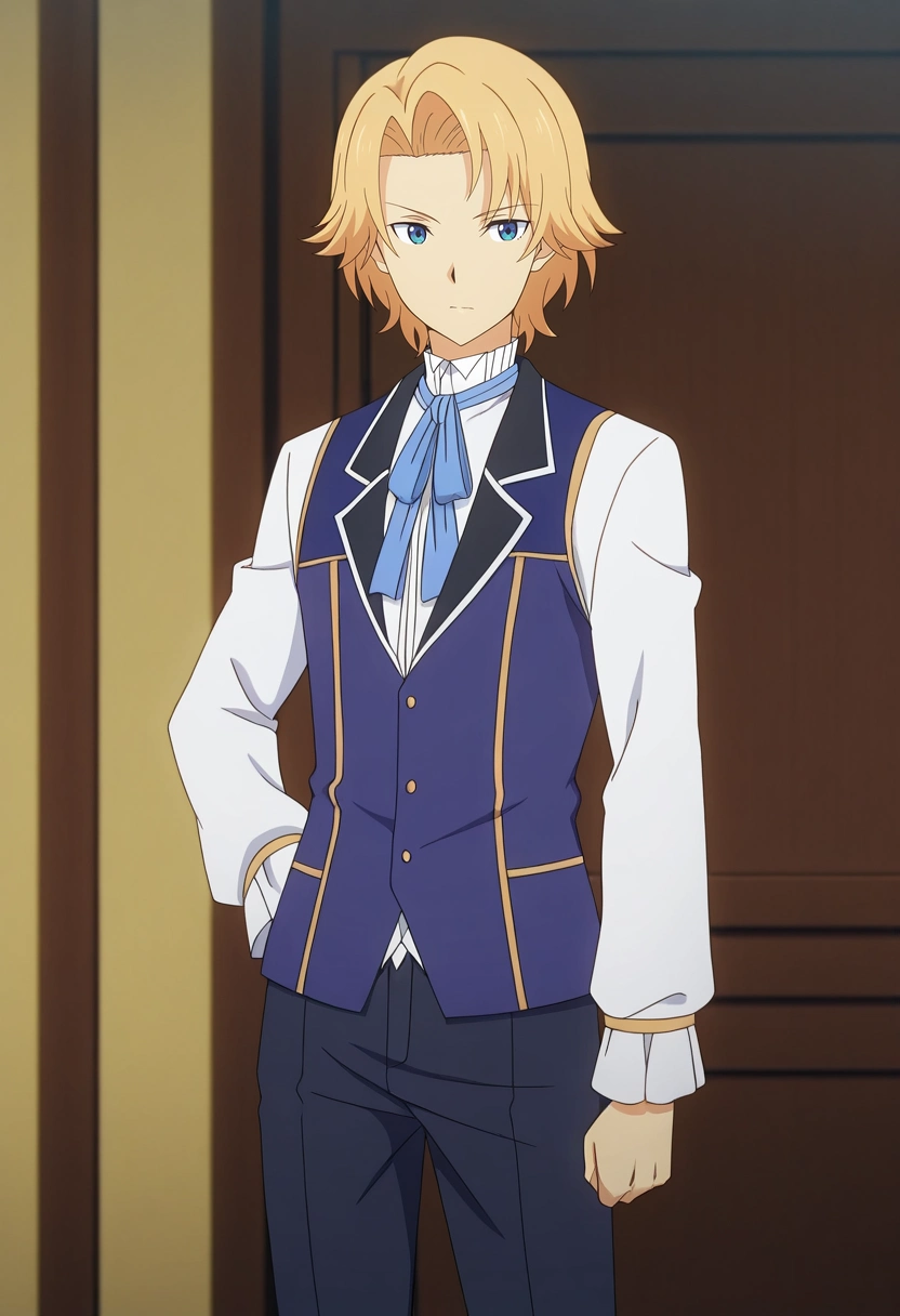 masterpiece, best quality, anime screencap, official style, anime coloring, cowboy shot, 1boy, solo, male focus, <lora:august_von_earlshide_ilxl:0.92>, august_von_earlshide, blonde hair, blue eyes, short hair, ,