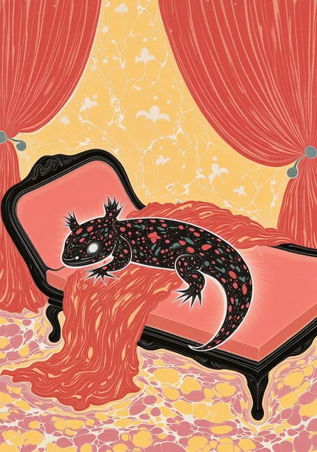 Ebru, Paper Marbling, axolotl, An axolotl lying on a chaise longue, wrapped in luxurious drapery<lora:Axomodel_Flux_V1.1.safetensors:0.85:0.85> <lora:Marbled_Magic_Paper_Marbling_FLUX_V1.safetensors:1:1>