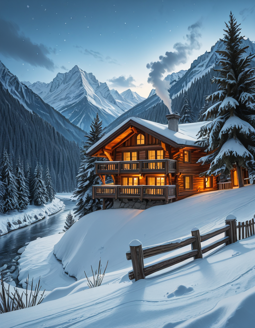A stunning winter scene in the Tyrol region of Austria. A charming wooden chalet with traditional alpine architecture stands on a gentle snow-covered slope, surrounded by dense evergreen forests blanketed in fresh snow. The chaletâs warm interior lights glow softly through its large windows, creating a cozy contrast against the cool twilight hues of the sky. A plume of smoke drifts from the chimney, hinting at a roaring fireplace inside. In the foreground, a small wooden fence is partially buried under the snow, while a frozen river winds through the valley, reflecting the moonlight. Towering, snow-capped peaks of the Austrian Alps dominate the background, adding a breathtaking sense of grandeur. Snowflakes gently fall, adding movement and depth to the peaceful, picturesque scene. The image is hyper-realistic, capturing the intricate textures of the wood, snow, and ice, with cinematic lighting that highlights the magical winter ambiance.
<lora:SDXLFaeTastic2400:0.4> <lora:extremely_detailed:0.4> extremely detailed,winter scene in the Tyr0l, <lora:winter_scene_in_the_Tyr0l-i:1>, Masterpiece,best quality,hi res,8k,hi res,8k,award winning,(sharp focus, intricate, highly detailed),