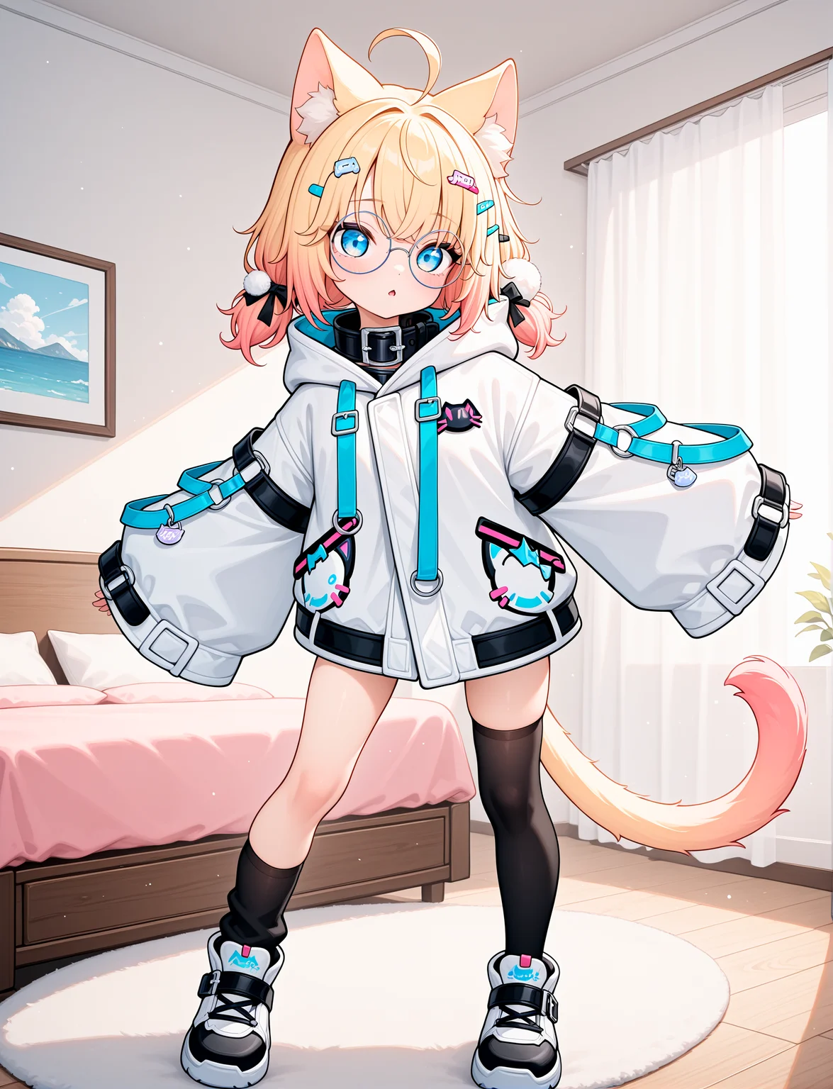 dynamic pose,  full body, 1girl, action pose,
petite, bedroom,
 <lora:MiniKomewV2:1> minikomew, blonde hair, catgirl, cat ears, round glasses, medium hair, cat tail, hairclip, blue eyes, collar, white jacket, oversize jacket, zipper sleeves past wrists, hood down, asymmetrical  legwear, black legwear, white footwear,, masterpiece, best quality, amazing quality, very aesthetic, absurdres, newest