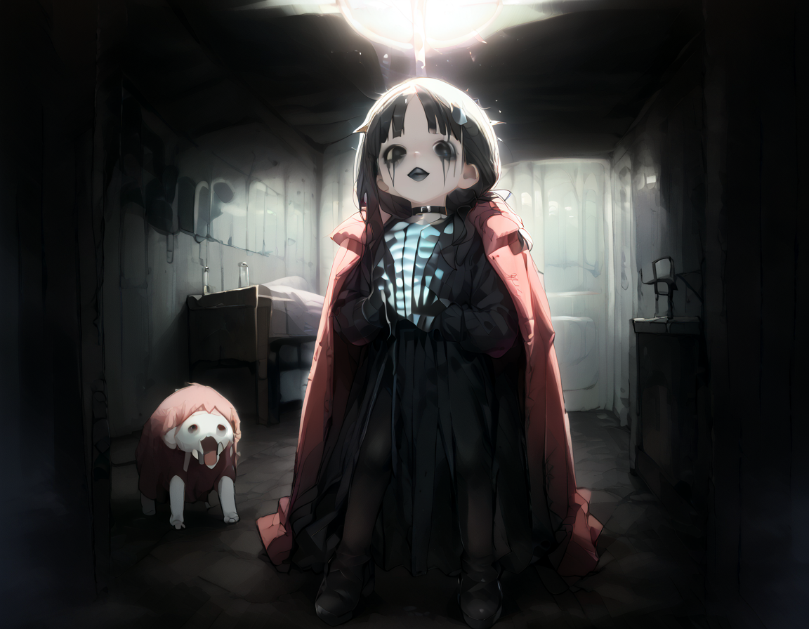 (score_9,score_8_up,score_7_up:1), 1girl, full body, dutch angle high, horror, neon body light, low ambient light, excited, (goth, (black lipstick, black mascara, black eyeshadow)), (milf), neonglow color hair, hair ponytail style, bangs, choker, eyeshadow)) (albino rough skin), pawg, wide hips, milf, <lora:butt:1>, (thinking), dive bedroom, (<lora:zavy-cntrst-sdxl:1> chiaroscuro, low-key, horror), (red tailcoat, black fancy clothes, leggings), <lora:nashidrop:1>, <lora:add-detail-xl:1>