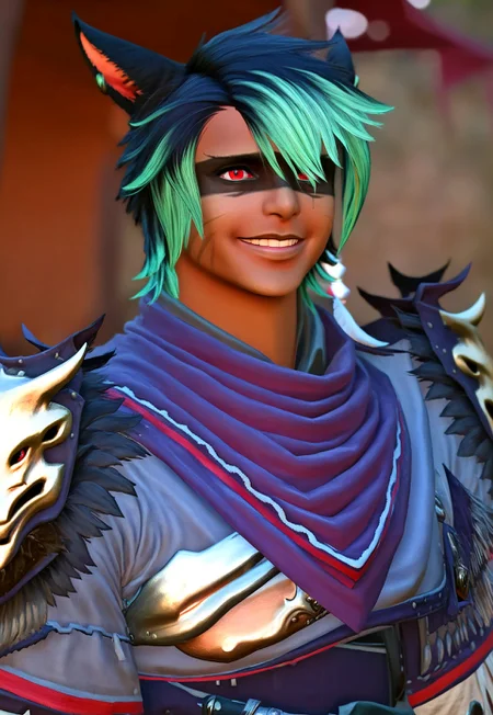 masterpiece, best quality, KrhisT1A, blurry background, animal ears, miqo'te, solo, depth of field, cat ears, green hair, multicolored hair, smile, looking at viewer, 1boy, jewelry, dark skin, earrings, facial mark, shoulder armor, two-tone hair, male focus, upper body, slit pupils, short hair, pauldrons, braid, armor, black hair, red eyes, outdoors, scarf, facepaint, metallic animal skull,