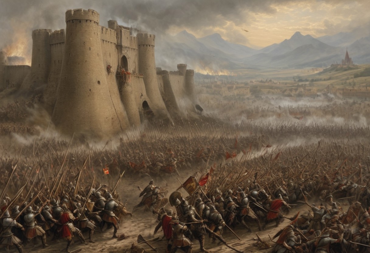 The defiant call of war horns shakes the air, mixed with the screams of eagles circling over the bloody field. The fortress rises like a stone giant atop a steep hill, its towers shadowing the sky, shrouded in smoke from burning torches. Its walls, built of massive stone blocks, are pierced by hundreds of arrows and bloodied by the bodies of defenders who hug each other with their last strength.
The attackers:
On the flanks, battering rams with iron battering rams batter the gates while sappers with picks and shovels dig tunnels under the foundations of the fortress to bring down the walls. Above all, the “Wild Head” rises – a battering ram with a wolf’s tooth shackle, each blow of which turns the oak gate into wooden shavings. Soldiers with mantiles (movable wooden shields) cover the archers as they cross a moat filled with thorns and mud.
Thousands of soldiers in rusty chain mail and black leather armor invade like a sea wave. At their head is a knight on a warrior, dressed in shiny steel armor with a coat of arms on his shield - a fiery rose. Before them roll massive siege towers, wooden monsters on wheels, covered with wet hides to protect against fire. Between them move catapults and trebuchets – giant throwing machines whose counterweights hurl rocks and rotting corpses over the walls. A burning resin ball, fired from an onager (a type of catapult), hits the west tower, scattering flames like hellish tongues.