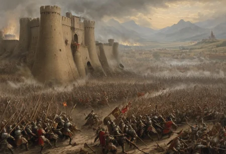 The defiant call of war horns shakes the air, mixed with the screams of eagles circling over the bloody field. The fortress rises like a stone giant atop a steep hill, its towers shadowing the sky, shrouded in smoke from burning torches. Its walls, built of massive stone blocks, are pierced by hundreds of arrows and bloodied by the bodies of defenders who hug each other with their last strength.
The attackers:
On the flanks, battering rams with iron battering rams batter the gates while sappers with picks and shovels dig tunnels under the foundations of the fortress to bring down the walls. Above all, the “Wild Head” rises – a battering ram with a wolf’s tooth shackle, each blow of which turns the oak gate into wooden shavings. Soldiers with mantiles (movable wooden shields) cover the archers as they cross a moat filled with thorns and mud.
Thousands of soldiers in rusty chain mail and black leather armor invade like a sea wave. At their head is a knight on a warrior, dressed in shiny steel armor with a coat of arms on his shield - a fiery rose. Before them roll massive siege towers, wooden monsters on wheels, covered with wet hides to protect against fire. Between them move catapults and trebuchets – giant throwing machines whose counterweights hurl rocks and rotting corpses over the walls. A burning resin ball, fired from an onager (a type of catapult), hits the west tower, scattering flames like hellish tongues.