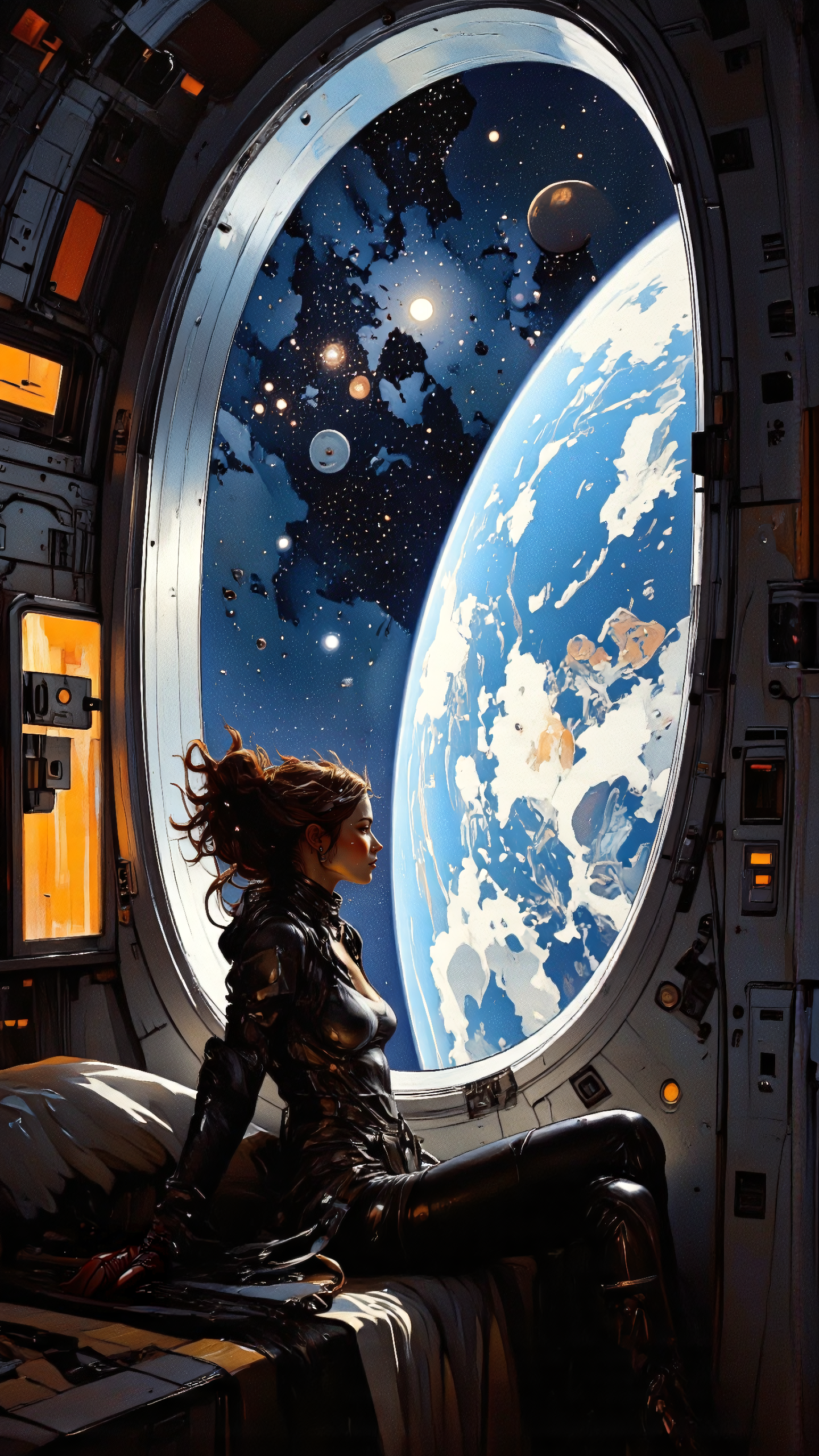 a stunning young woman sitting in front of a large window inside a spaceship. She gazes out into the vastness of space, where distant stars, nebulae, and planets create a breathtaking cosmic backdrop. She wears a seductive, form-fitting sci-fi or fantasy-inspired outfit, with metallic or leather elements that reflect the ambient spaceship lighting. Her hair is styled in an elaborate, flowing manner, adding to her enchanting presence. The interior of the spaceship is detailed with futuristic panels, soft glowing lights, and a high-tech aesthetic. The scene is painted in Dave Dormanâs signature detailed, painterly style with rich, dramatic lighting, bold brushstrokes, and a mix of realism and fantasy aesthetics. The cinematic composition enhances the depth and intensity, with reflections of space shimmering on the glass as she contemplates the universe beyond. <lora:CPA:0.7000000000000001> <lora:flux-sm41l33-comic-v1:0.6>