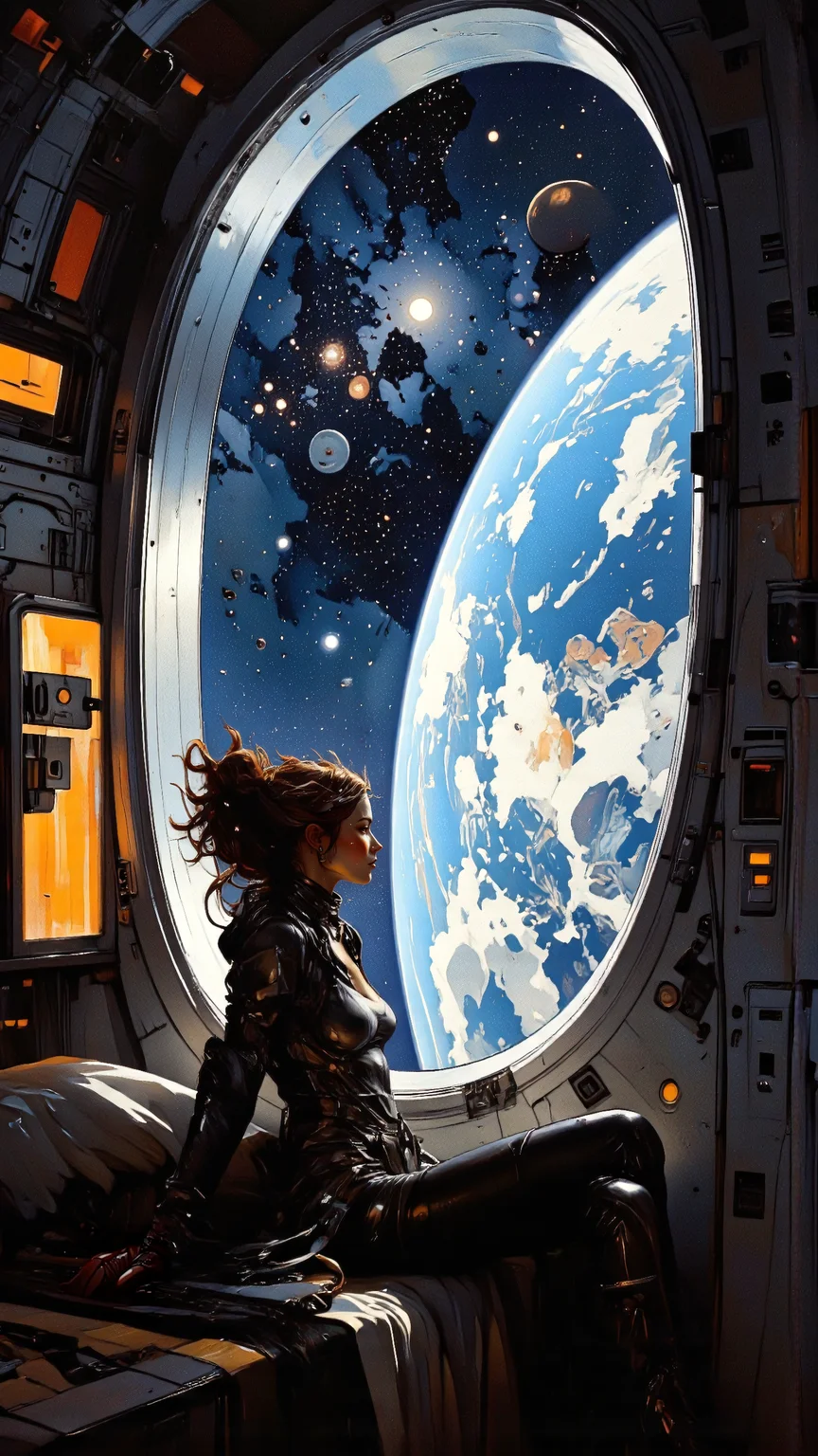 a stunning young woman sitting in front of a large window inside a spaceship. She gazes out into the vastness of space, where distant stars, nebulae, and planets create a breathtaking cosmic backdrop. She wears a seductive, form-fitting sci-fi or fantasy-inspired outfit, with metallic or leather elements that reflect the ambient spaceship lighting. Her hair is styled in an elaborate, flowing manner, adding to her enchanting presence. The interior of the spaceship is detailed with futuristic panels, soft glowing lights, and a high-tech aesthetic. The scene is painted in Dave Dormanâs signature detailed, painterly style with rich, dramatic lighting, bold brushstrokes, and a mix of realism and fantasy aesthetics. The cinematic composition enhances the depth and intensity, with reflections of space shimmering on the glass as she contemplates the universe beyond. <lora:CPA:0.7000000000000001> <lora:flux-sm41l33-comic-v1:0.6>