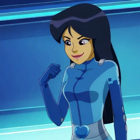 cartoon, totally_spies_2k24, britney, black hair, long hair, purple eyes, blue bodysuit, 1girl, solo, smile, pose