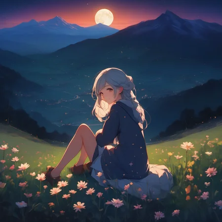 1girl,field,flowers,stars,mountains,night time,moonlight,beautiful,best resolution,8kuhd,high res,sitting,