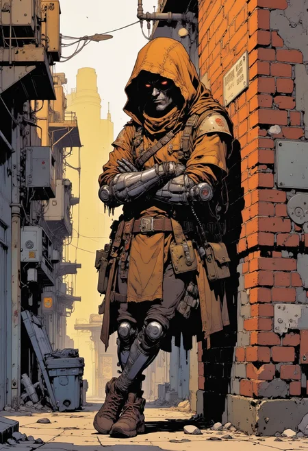 This is a digital drawing, depicting a dystopian setting at early morning. The subject is a droid bounty hunter leaning on a brick wall at alley with crossed arms. AITK robotics. Droid is wearing an old leather hooded cloak. His face obscured by hood. The cloak appears old and rugged, with frayed edges, and the belt contains various pouches and tools. Outfit is covered with futuristic, metallic arm braces, adding to droid rugged appearance. The background showcases a futuristic alleyway basking in warm sunrays of morning light. The textures are smooth and detailed, with shadows and highlights accentuating the characters and objects. The overall mood is comforting and relaxing. Mangaka style.