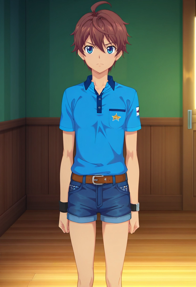 masterpiece, best quality, , anime screencap, , , looking at viewer, , 1boy, solo, male focus, <lora:seto_aihara_ilxl:1>, seto_aihara, brown hair, blue eyes, short hair, ahoge, , , Denim bermuda shorts, Pique polo shirt, , ,
