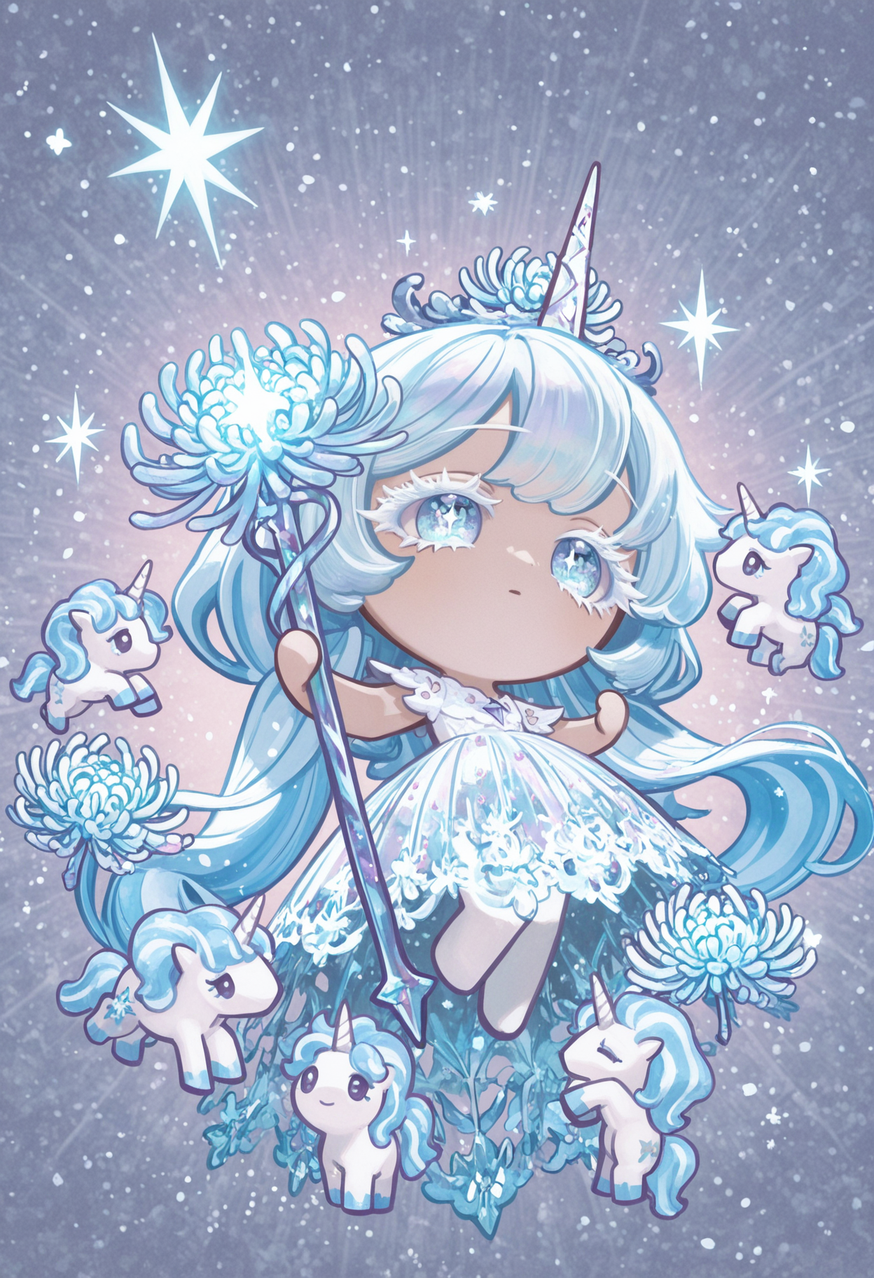 masterpiece,best quality,amazing quality,
colored eyelashes,white eyelashes,
1girl,delicate,flower-petal-inspired clothing,(chrysanthemum-themed accessories:1.2),gentle pose,solo,full body,dreamy,meadow background,(magic theme:1.1),(unicorn theme:1.1),holding a small,sparkling crystal or a chrysanthemum-shaped wand,surrounded by an aura of wonder and enchantment,with a few unicorns gathering around her,and a soft,shimmering light emanating from her hands as she summons and communicates with these majestic creatures.,
crk1styl111,<lora:lycoris:1>,(chibi:1.4),