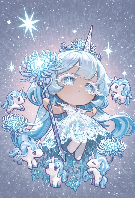 masterpiece,best quality,amazing quality,
colored eyelashes,white eyelashes,
1girl,delicate,flower-petal-inspired clothing,(chrysanthemum-themed accessories:1.2),gentle pose,solo,full body,dreamy,meadow background,(magic theme:1.1),(unicorn theme:1.1),holding a small,sparkling crystal or a chrysanthemum-shaped wand,surrounded by an aura of wonder and enchantment,with a few unicorns gathering around her,and a soft,shimmering light emanating from her hands as she summons and communicates with these majestic creatures.,
crk1styl111,<lora:lycoris:1>,(chibi:1.4),