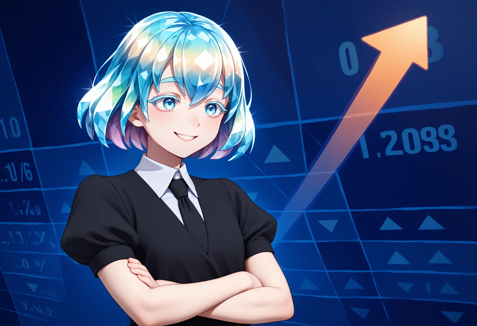 score_9, score_8_up, score_7_up, 1girl, stonks, arrow (symbol), crossed arms, formal, smile, upper body, blue background, <lora:StonksMeme_pdxl_Incrs_v1:1.2>, <lora:Hoseki_HousekiNoKuni_Diamond_PDXL_v1:0.8> hskdmnd, white skin, crystal hair, colored eyelashes, multicolored hair, short hair, black shirt, puffy short sleeves, collared shirt, black necktie,