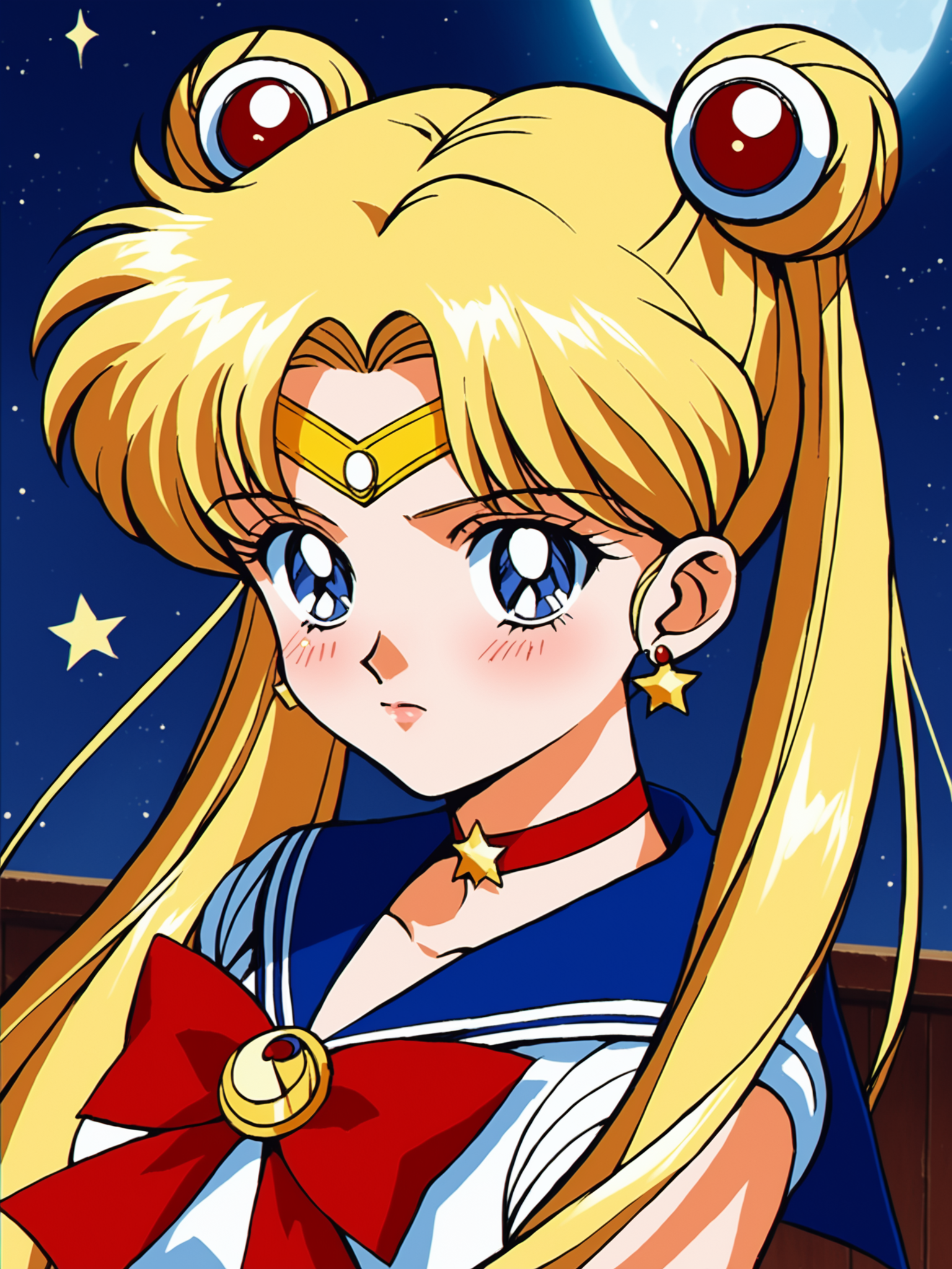 1990s (style), anime coloring, sm90s, 1girl,  solo,  long hair,  looking at viewer,  blush,  blue eyes,  blonde hair,  hair ornament,  bow,  twintails,  jewelry,  closed mouth,  upper body,  earrings,  choker, crescent, sailor collar,   circlet, forehead mark,  hair bun,  star (symbol),  red bow,  lips,  parted bangs,  double bun,  magical girl,  moon,  blue sailor collar,  crescent,  star (sky),  circlet,  sailor senshi uniform,   indoors, retro art style, retro anime, BREAK PonyXLV6_Scores , <lora:SM90sPDXL_r1:0.8>