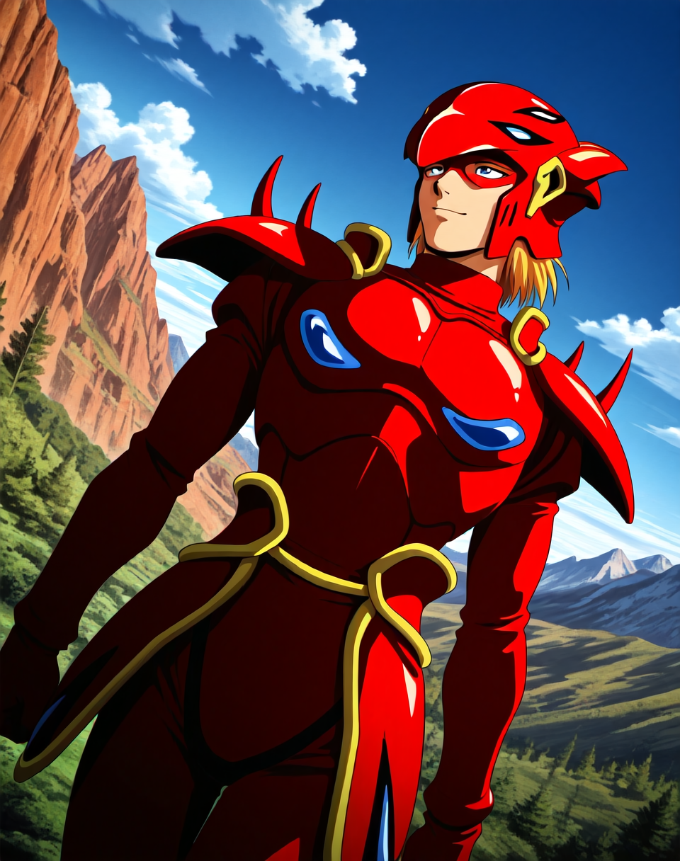 <lora:Mushra_(Shinzo)_(Illustrious)_(AD):1.35> Mushra, phoenix armor, Shinzo, 
exterior, vivid anime blue sky with detailed clouds, mountains, nature, dynamic action, dutch angle, male focus, head turned to side, glossy red armor, brash happy expression, male focus, forward facing, 
BREAK: lazypos (3),