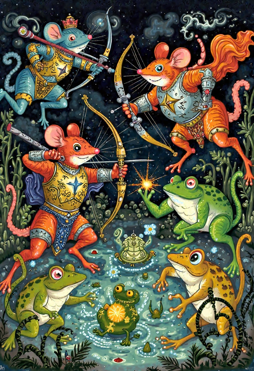 Clip L palech_styleIllustrate a fantastical battle scene between mice and frogs. The mice should be robust, armored fighters wielding bows and swords, while the frogs should be smaller and less well-armed, relying on magic and trickery to defeat their larger opponents. The setting could be a swampy battlefield under a murky sky, with vines and branches littering the ground. Show detailed animations of the mice's intricate armor designs and the frogs' magical spells, like flickering lights and floating objects. Use a muted color palette for the frogs and a brighter, more vibrant one for the mice to create contrast and excitement. The overall effect should be a whimsical yet tense clash of species, showcasing the ingenuity of both sides in the face of adversity. Illustration in the palech styleT5XXLpalech_styleIllustrate a fantastical battle scene between mice and frogs. The mice should be robust, armored fighters wielding bows and swords, while the frogs should be smaller and less well-armed, relying on magic and trickery to defeat their larger opponents. The setting could be a swampy battlefield under a murky sky, with vines and branches littering the ground. Show detailed animations of the mice's intricate armor designs and the frogs' magical spells, like flickering lights and floating objects. Use a muted color palette for the frogs and a brighter, more vibrant one for the mice to create contrast and excitement. The overall effect should be a whimsical yet tense clash of species, showcasing the ingenuity of both sides in the face of adversity. Illustration in the palech style